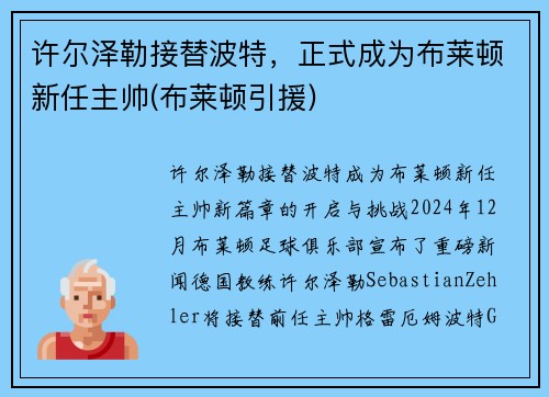 许尔泽勒接替波特，正式成为布莱顿新任主帅(布莱顿引援)
