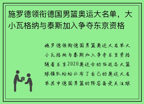 施罗德领衔德国男篮奥运大名单，大小瓦格纳与泰斯加入争夺东京资格
