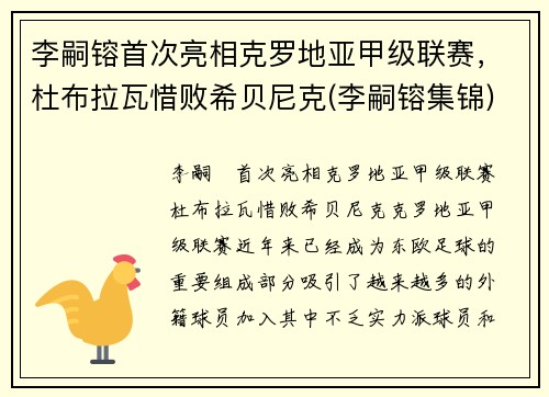李嗣镕首次亮相克罗地亚甲级联赛，杜布拉瓦惜败希贝尼克(李嗣镕集锦)