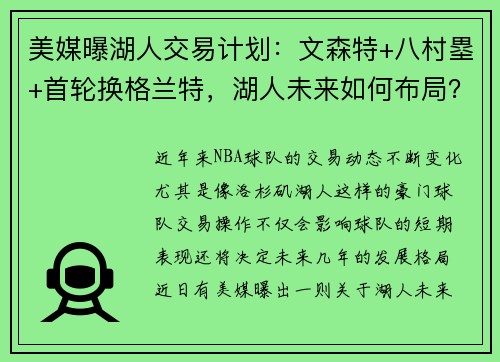 美媒曝湖人交易计划：文森特+八村塁+首轮换格兰特，湖人未来如何布局？