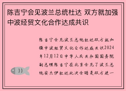 陈吉宁会见波兰总统杜达 双方就加强中波经贸文化合作达成共识