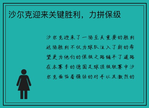 沙尔克迎来关键胜利，力拼保级