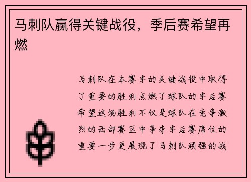 马刺队赢得关键战役，季后赛希望再燃