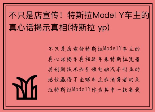 不只是店宣传！特斯拉Model Y车主的真心话揭示真相(特斯拉 yp)