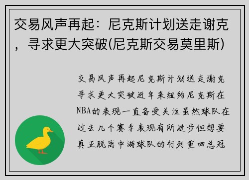 交易风声再起：尼克斯计划送走谢克，寻求更大突破(尼克斯交易莫里斯)