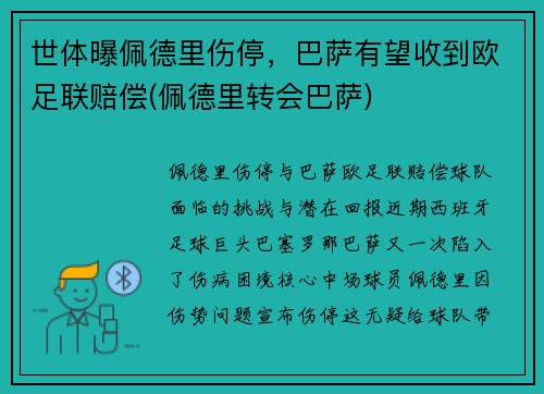 世体曝佩德里伤停，巴萨有望收到欧足联赔偿(佩德里转会巴萨)