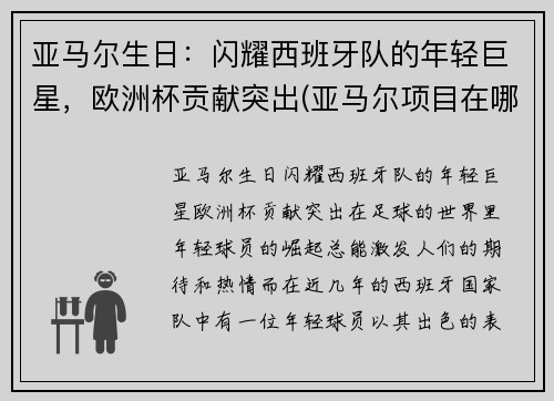 亚马尔生日：闪耀西班牙队的年轻巨星，欧洲杯贡献突出(亚马尔项目在哪)