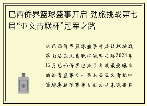 巴西侨界篮球盛事开启 劲旅挑战第七届“亚文青联杯”冠军之路