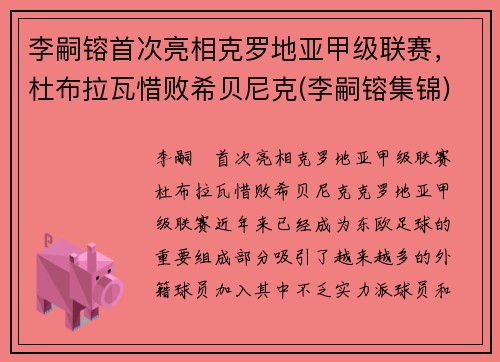 李嗣镕首次亮相克罗地亚甲级联赛，杜布拉瓦惜败希贝尼克(李嗣镕集锦)