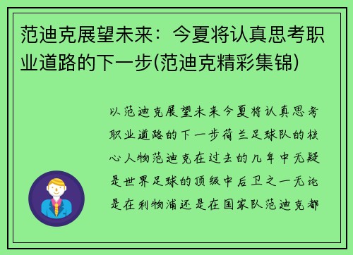 范迪克展望未来：今夏将认真思考职业道路的下一步(范迪克精彩集锦)