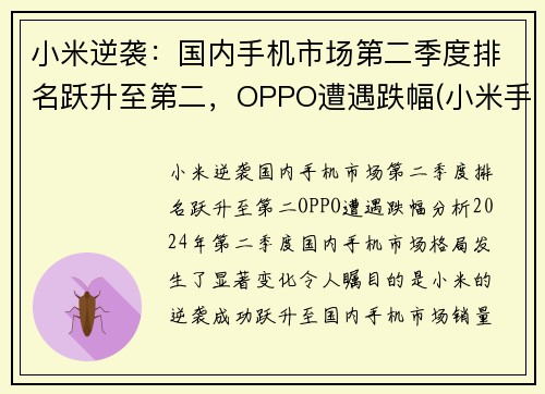 小米逆袭：国内手机市场第二季度排名跃升至第二，OPPO遭遇跌幅(小米手机销量晋升全球第二)